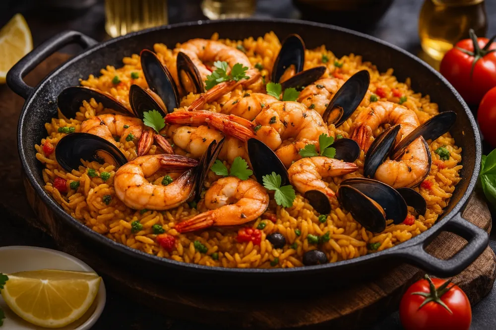 Spicy Seafood Paella Recipe For The Perfect Spanish Feast 3 spicy seafood paella recipe, in a cast iron pan Proc