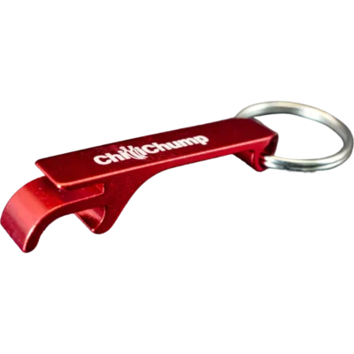 red keyring and bottleopener, chillichump branded