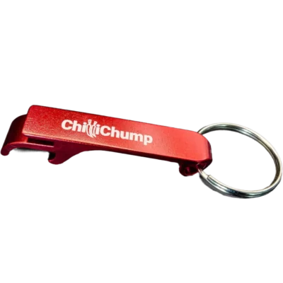red keyring and bottleopener, chillichump branded