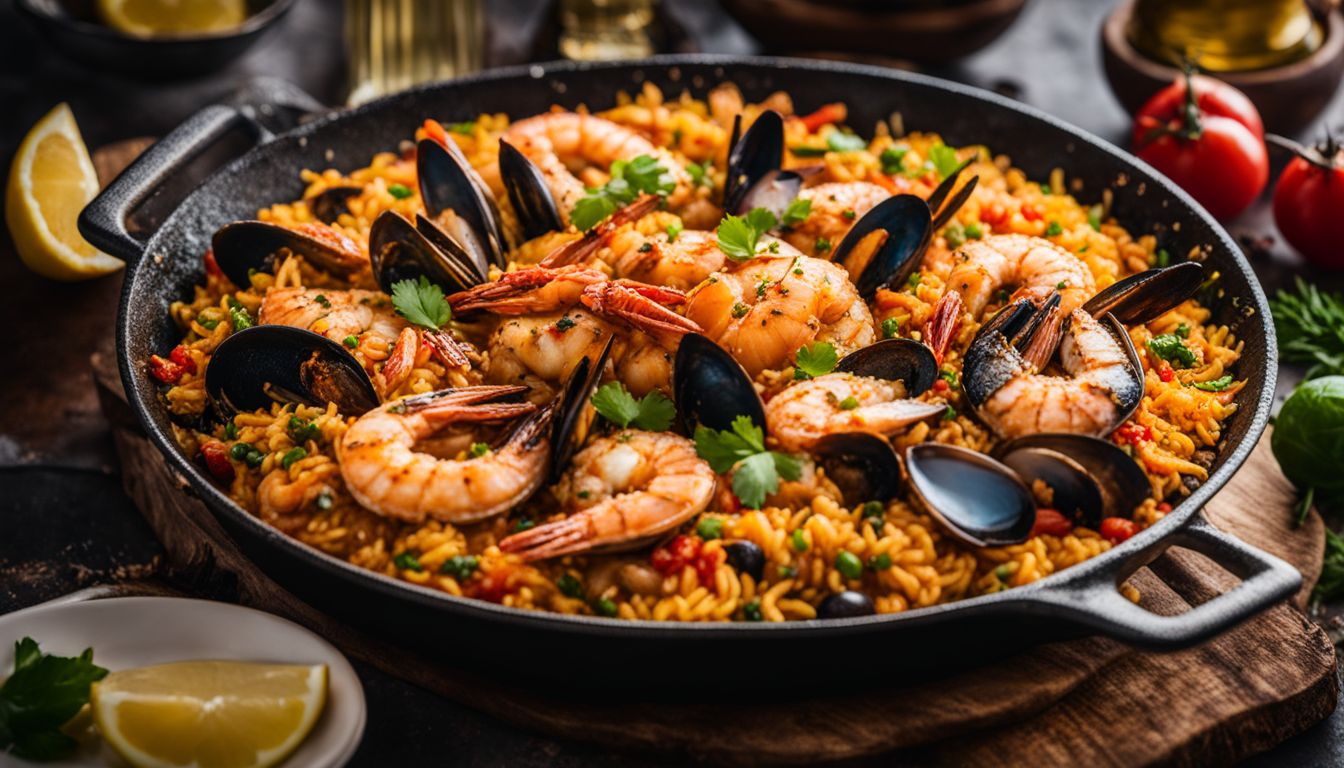 spicy seafood paella recipe, in a cast iron pan