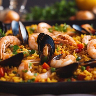 spicy seafood paella in a paella pan, from a chillichump spicy seafood paella recipe