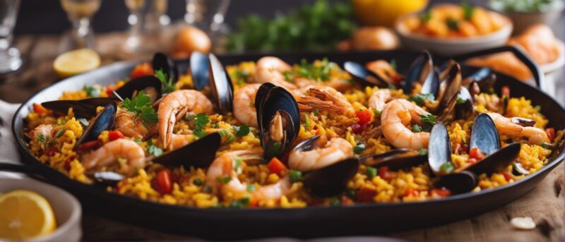 spicy seafood paella in a paella pan, from a chillichump spicy seafood paella recipe