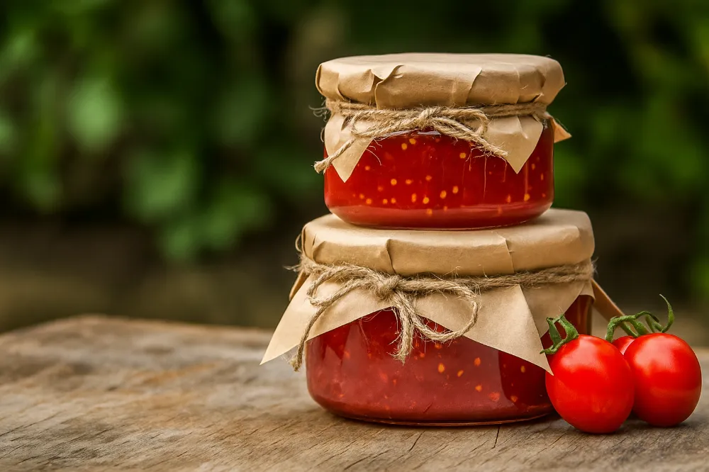 Two jars of hot sauce with seeds stacked on top of each other framed by greenery and a few tomatoes Proc