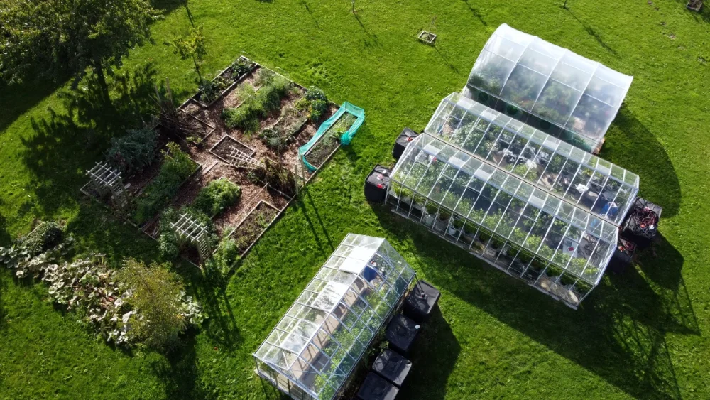 Drone overhead photo greenhouses and polytunnel in october 20231K