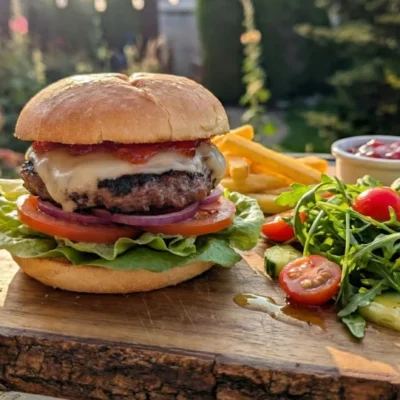 Burger with chilli jam on top and a side salad on a cutting board